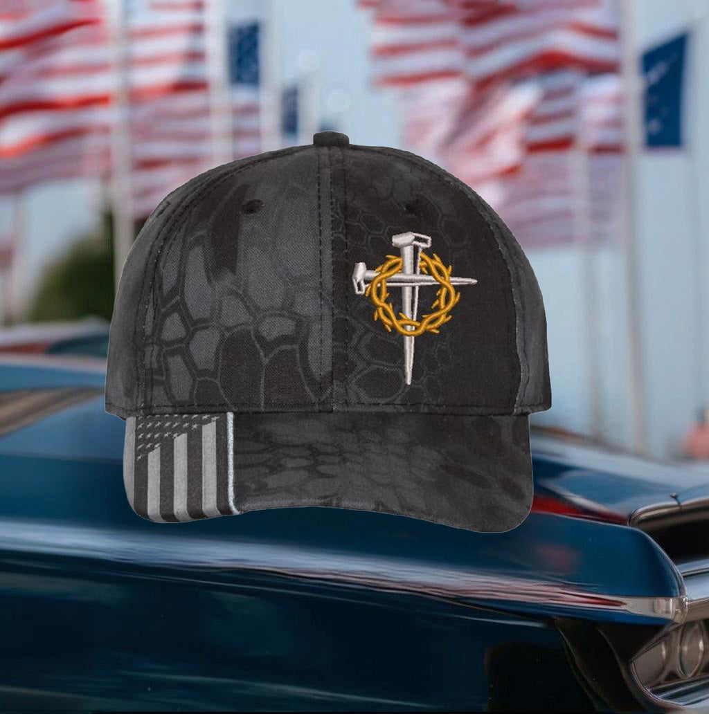 Jesus Cross with 3 Nails & Thorns Embroidered Adjustable Hat