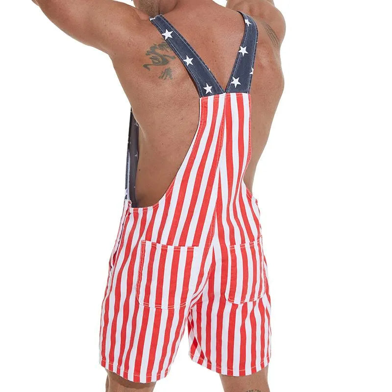 Flag Overalls Denim Shorts Denim Jumpsuit
