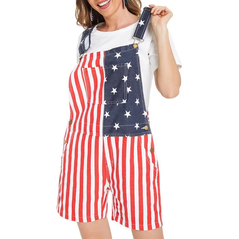 Flag Overalls Denim Shorts Denim Jumpsuit